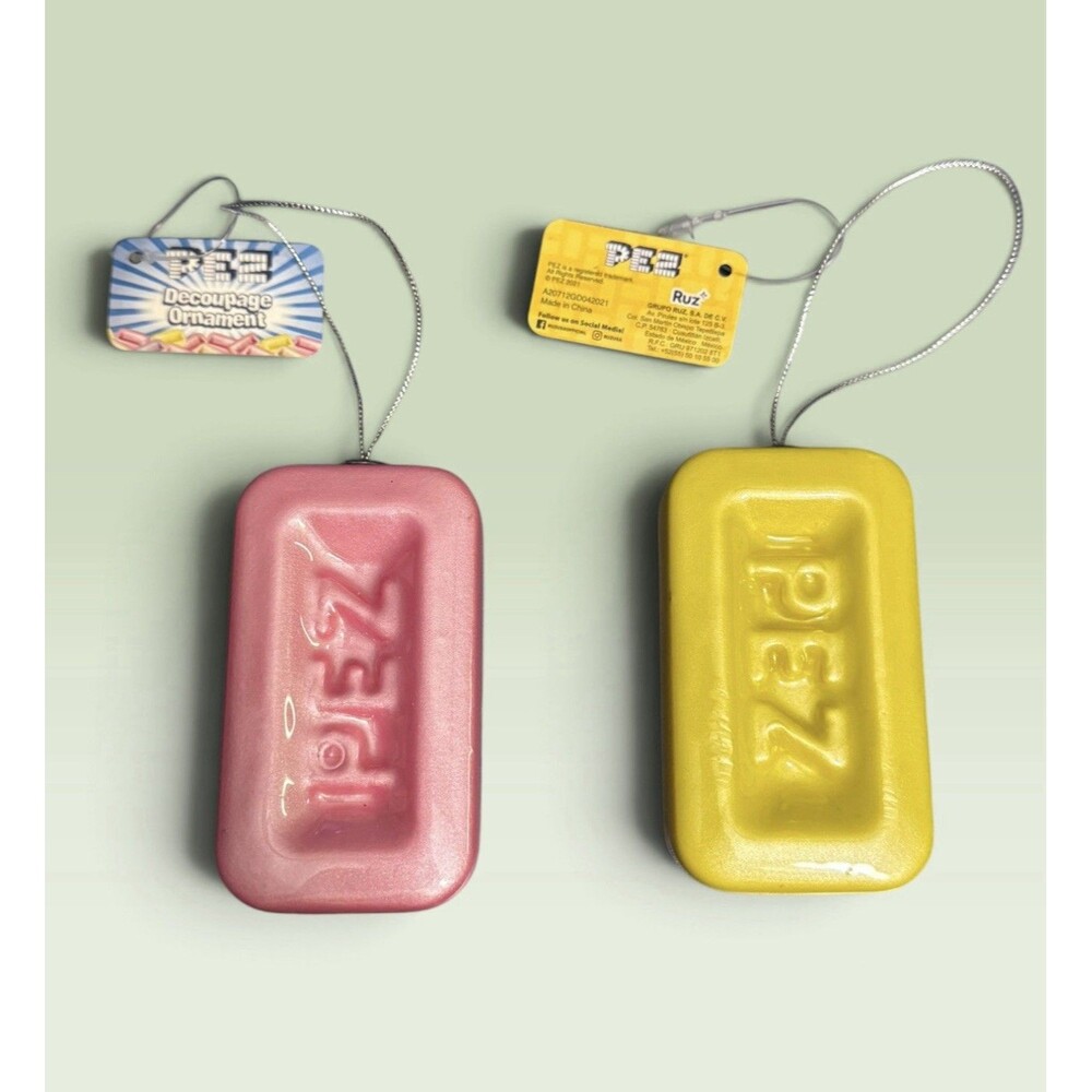 PEZ Pink Yellow Candy Brick Decoupage Ornament Set Ruz 2021 NWT 3.25 x 1.75